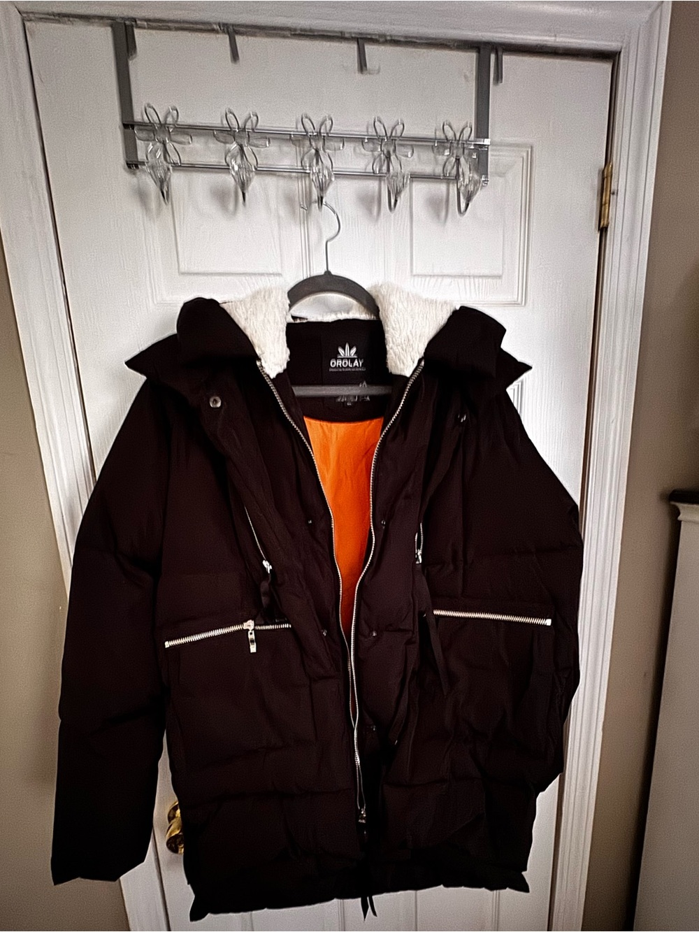 OROLAY  Black Puffer Jacket with White Sherpa Collar and Orange Lining like new - Picture 3 of 5